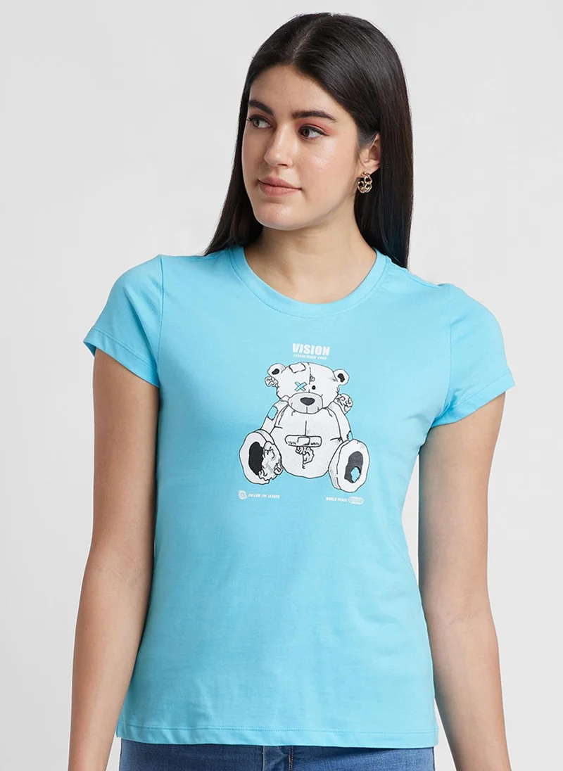 جلو باص تيشيرت قطن خالص بأكمام قصيرة وطبعة جرافيك نسائي